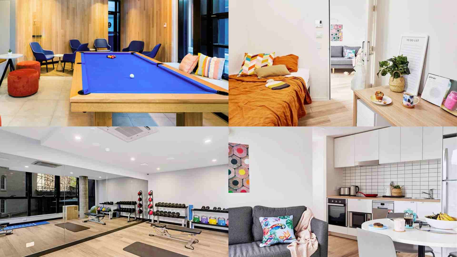 student facilities, pool table, kitchen, apartment, gym